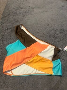 One-Shoulder Colorblock Bikini Top in Turquoise, Orange & Yellow